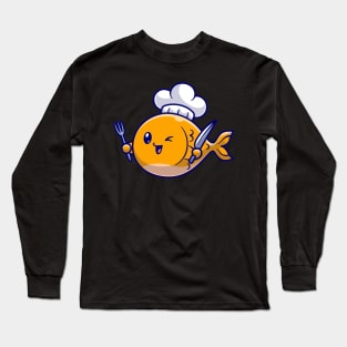 Cute Fish Chef With Fork And Knife Cartoon Long Sleeve T-Shirt